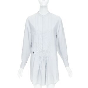 CHRISTIAN DIOR blue 100% silk CD bee embroidery button down shirt dress FR36 S